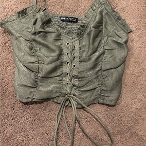 SHEIN Sage Green Lace-Up Ruched Crop Top